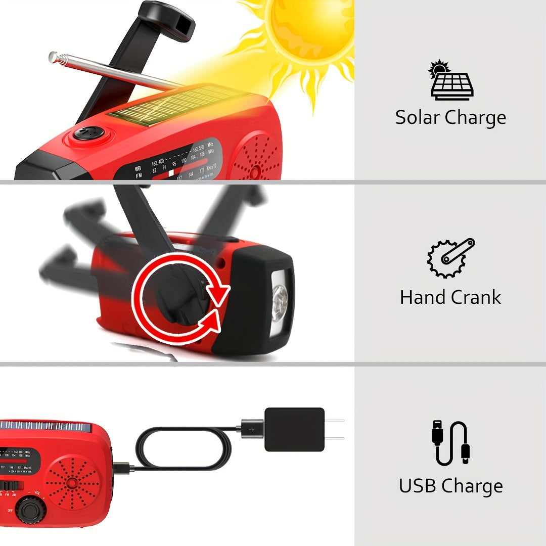 Emergency Radio: Solar-Powered, Power Bank, Hand Crank, AM/FM NOAA Portable Weather Radio, 2000mAh Mobile Power, USB Charging, Solar, With LED Flashlight, Hurricane, Survival Gear, Winter Storm