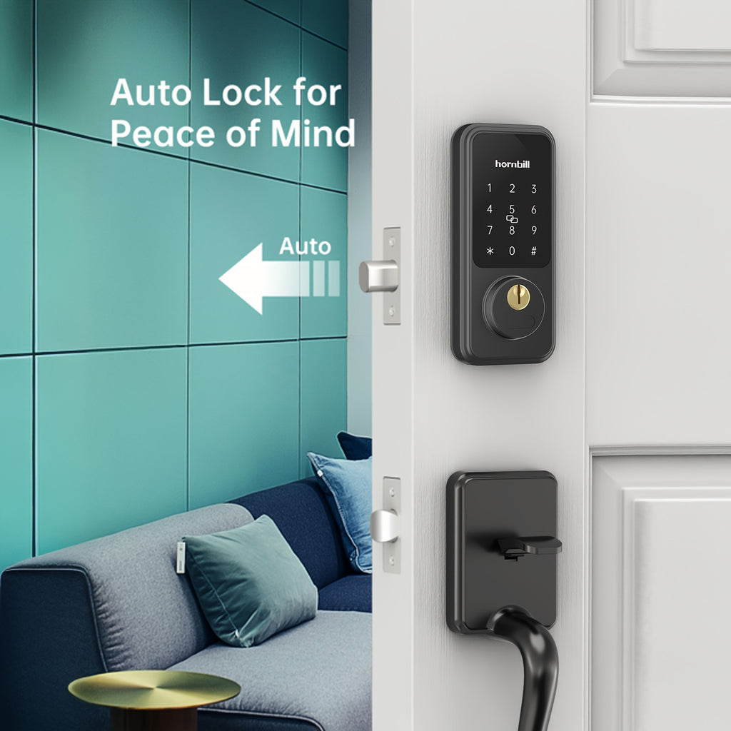 Hornbill Smart Front Door Lock Set, Keyless Entry Door Lock with Handle, Electronic Keypad Deadbolt Lock, Alexa Front Door Handle Set, Digital Lock Via Bluetooth APP/Keyfob/Auto Lock-Matte Black