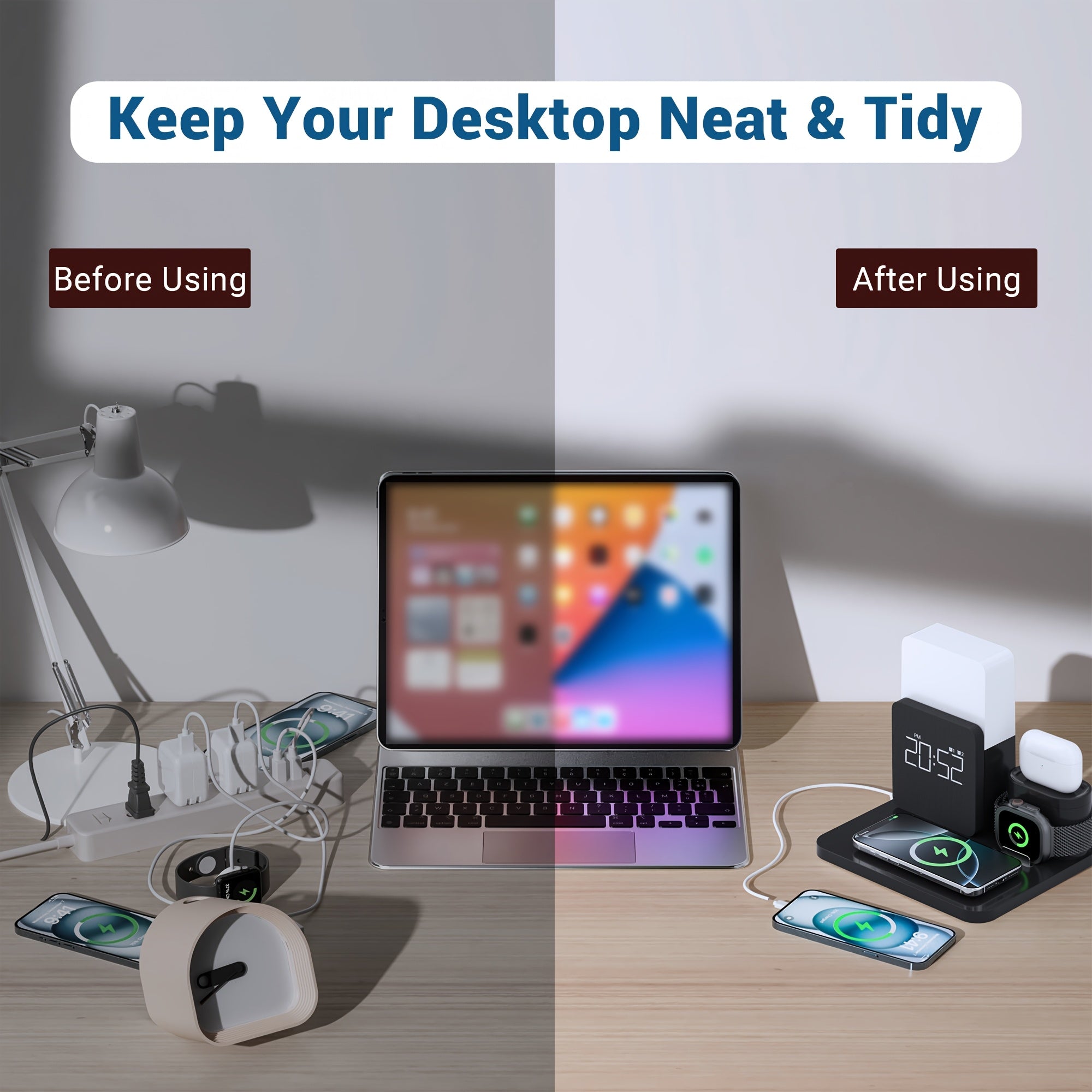 3-In-1 Wireless Charging Alarm Clock for Iphone 15 Wireless Charging Dock for Iphone 12-16 Samsung Bedroom 3 in 1 Charger Alarm Clock Portable Wireless Charging Station with Alarm Clock