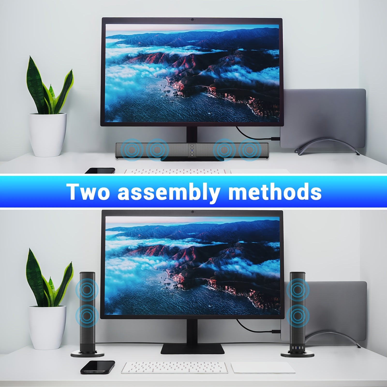 Wireless Sound Bar for Smart TV, Surround Soundbar with Bluetooth/RCA/AUX Connect, Volume Control, 2in 1 Detachable Soundbar for TV/PC/Gaming/Projectors