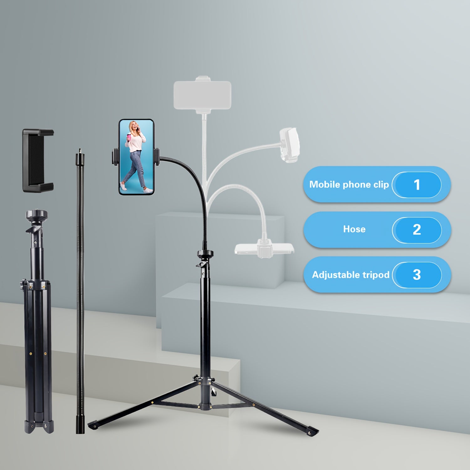 [Adjustable Phone Tripod] 63 Inch Adjustable Phone Tripod With 360° Goose Neck, Universal Phone Grip, Ideal For Content Creators, Live Broadcast& Filming, Selfie