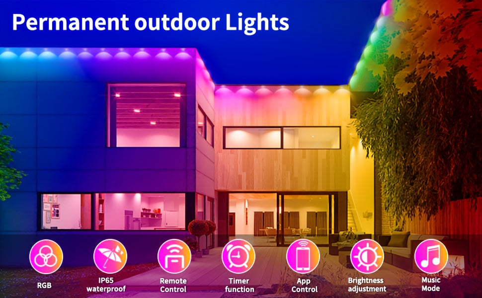 [RGB Eaves Lights] 500Ft Permanent Outdoor Light, RGB Eaves Lights, Scene Modes Outdoor Under Eave Lighting, Led Lights for Decor, Garden Decor, House, Party