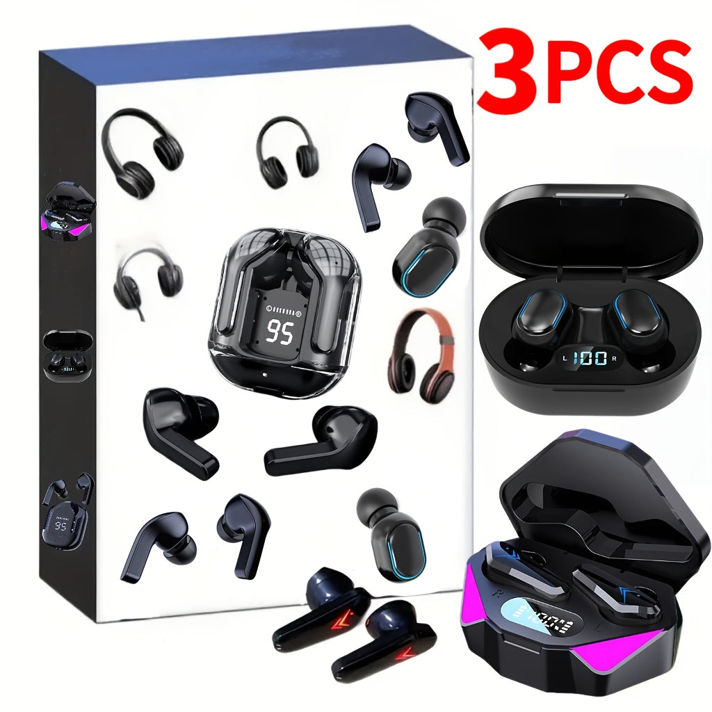 3pcs Headphone Set| Wireless Earbuds BT Noise Cancelling, TWS Wireless Earbuds BT 5.4 Headphones, Noise-canceling Microphone, LED Display, Touch Control, Compatible with IOS/Android, Music Lovers & for iPhone& for Android- Perfect Gift for Women
