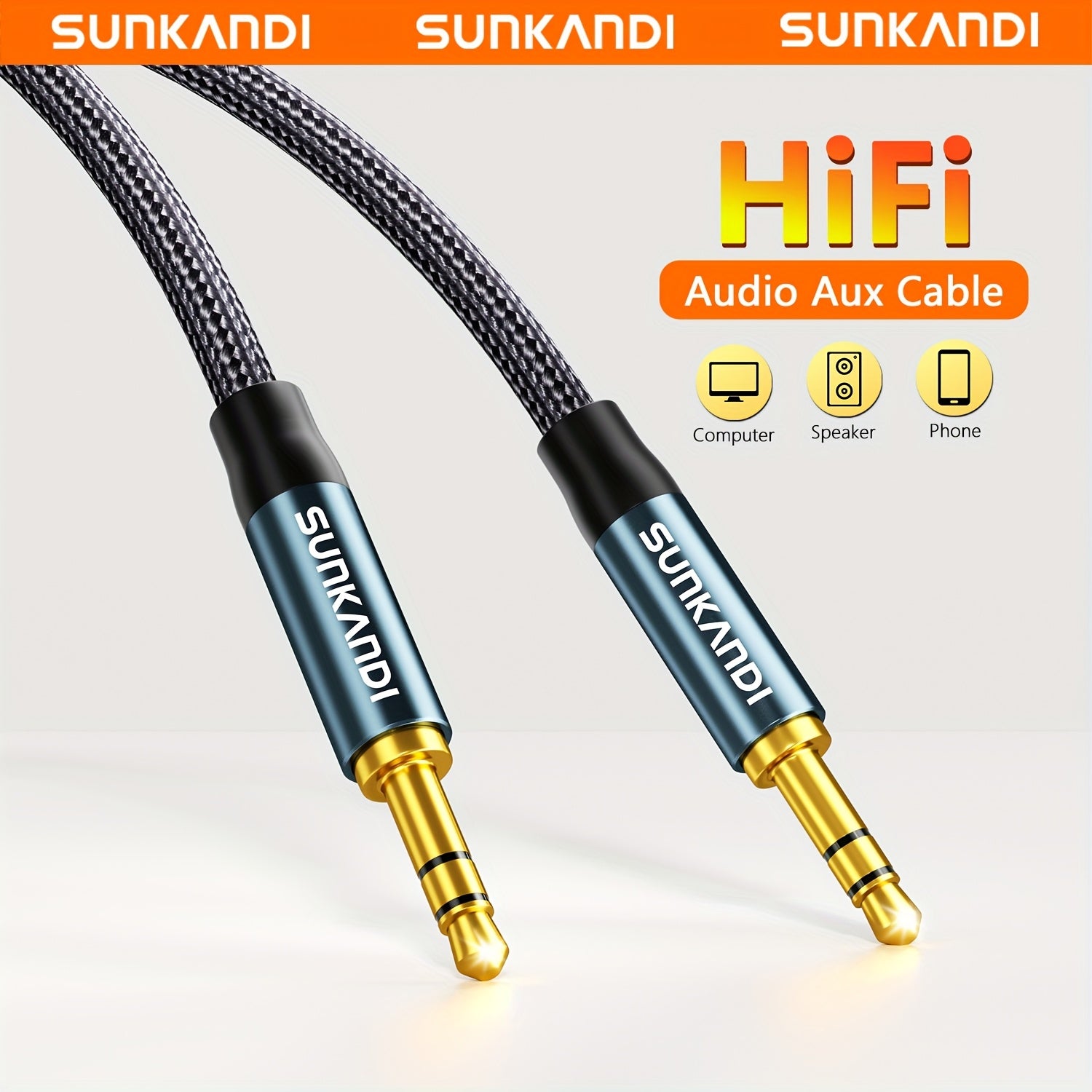 SUNKANDI Premium 3. 5mm Male to Male Stereo Audio Cable - Durable AUX Cord for Car, Headphones, Speakers & Smartphones, Home Stereos