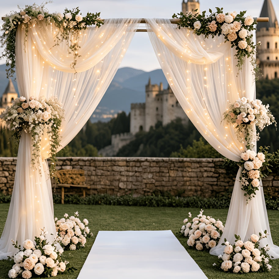 2pcs Photo Booth Props 5.2X10Ft Champagne Tulle Backdrop Non-Porous Tulle with String Lights for Party, Sheer Curtain Backdrop Wedding for Party Home Decoration
