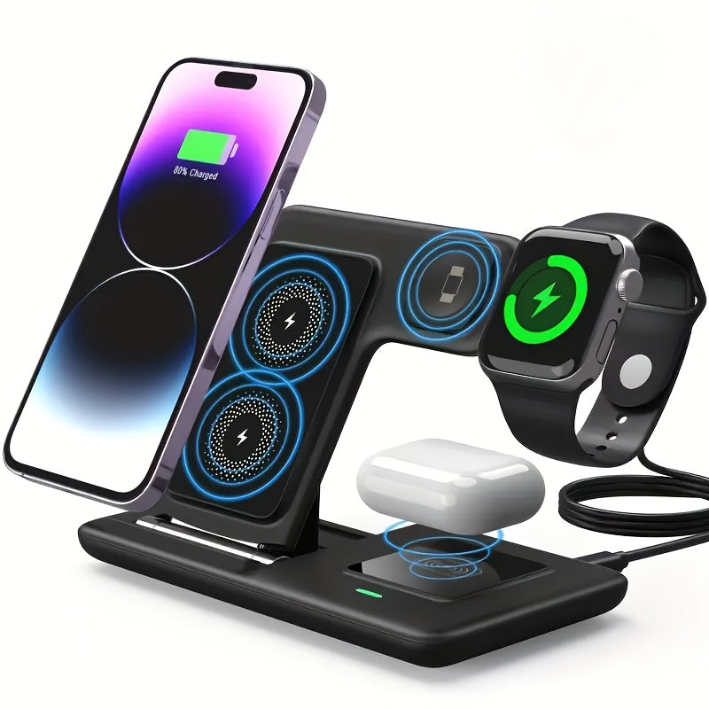 3-in-1 Wireless Charging Station - 15W Fast Charger Stand with QC3.0 Adapter - Suitable for iPhone 15 14 13 12 11 X 8 Pro Max/Pro/Mini/Plus, iWatch Ultra 9/8 7/6/5/4/3/2, AirPods 3/2