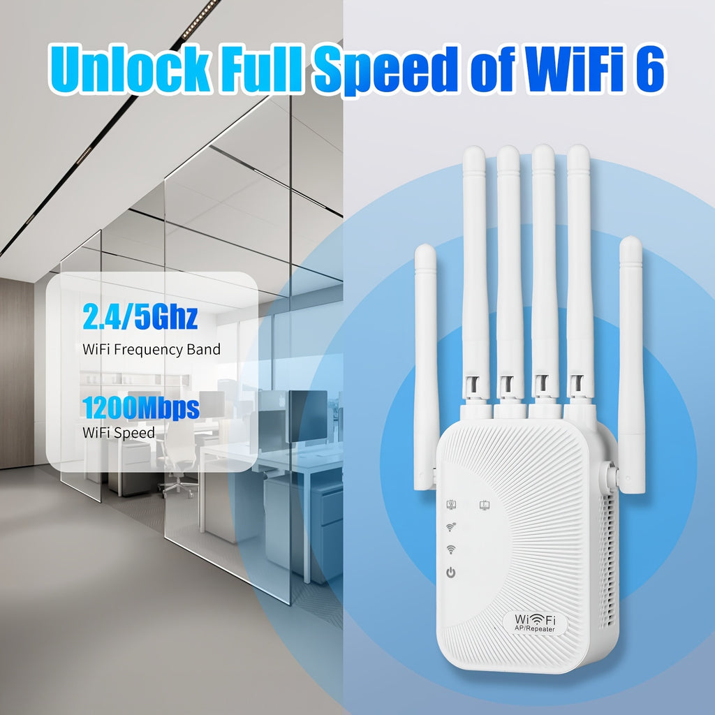 Wi-Fi Repeater, *Thousands of Customers Buy Again*, 2.4G Signal Strength Booster, Wide Coverage, Breaks Through Spatial Limitations, One-Button Setup, Full Coverage, Flexible Antenna Rotation, Adjustable Signal Strength, Enhanced Stability