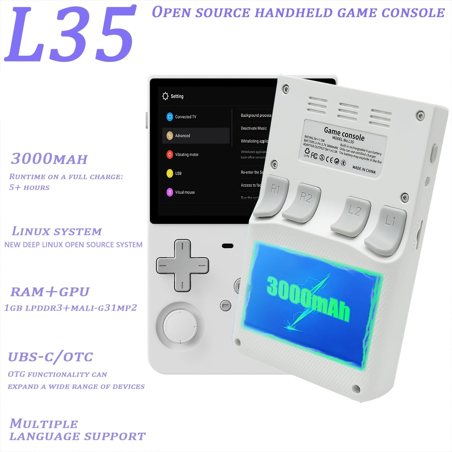 L35 Handheld Game Console - New Linux Open Source Gaming System - Supports Multiple Setups, Classic Emulators, 3.5 Inch IPS HD Display, Ultra-Long Battery Life, Perfect Holiday Gift (64G/128G)