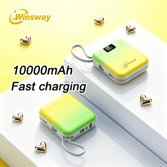 Winsway 10000mAh mini gradient color convenient mobile power bank, built-in USB-C cable, dual line 2-in-1, 22.5W fast charging portable charger, LED display screen, portable for boarding, outdoor travel, preferred gift giving