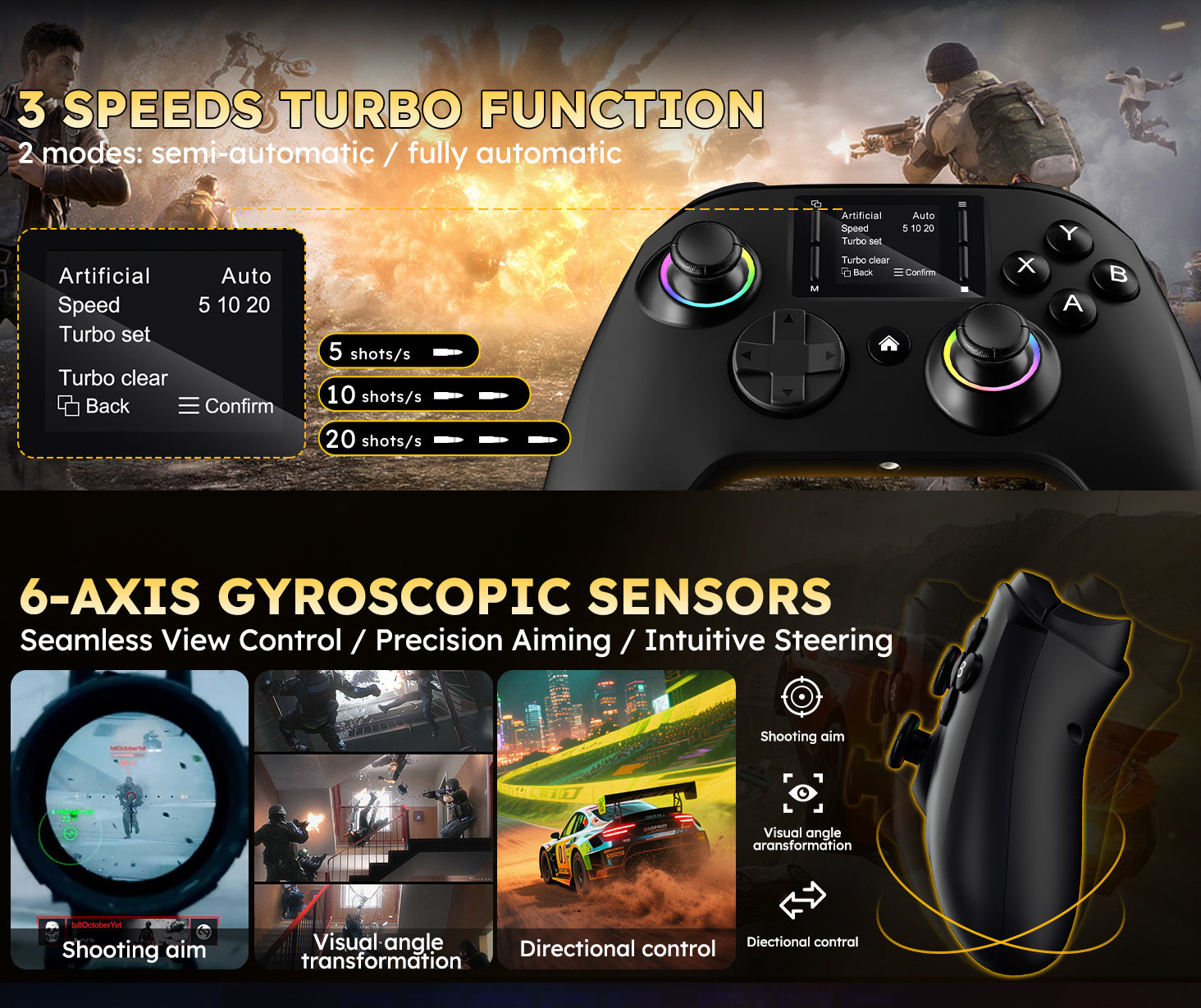 Interactive Wireless Gaming Controller with Touchscreen Compatible with Pc/Ps4/Switch/Android/Ios Devices Features 4 Programmable Buttons with Rapid-Fire Functionality Equipped with a Six-Axis Gyroscope And Dual Vibration Feedback, RGB Lighting
