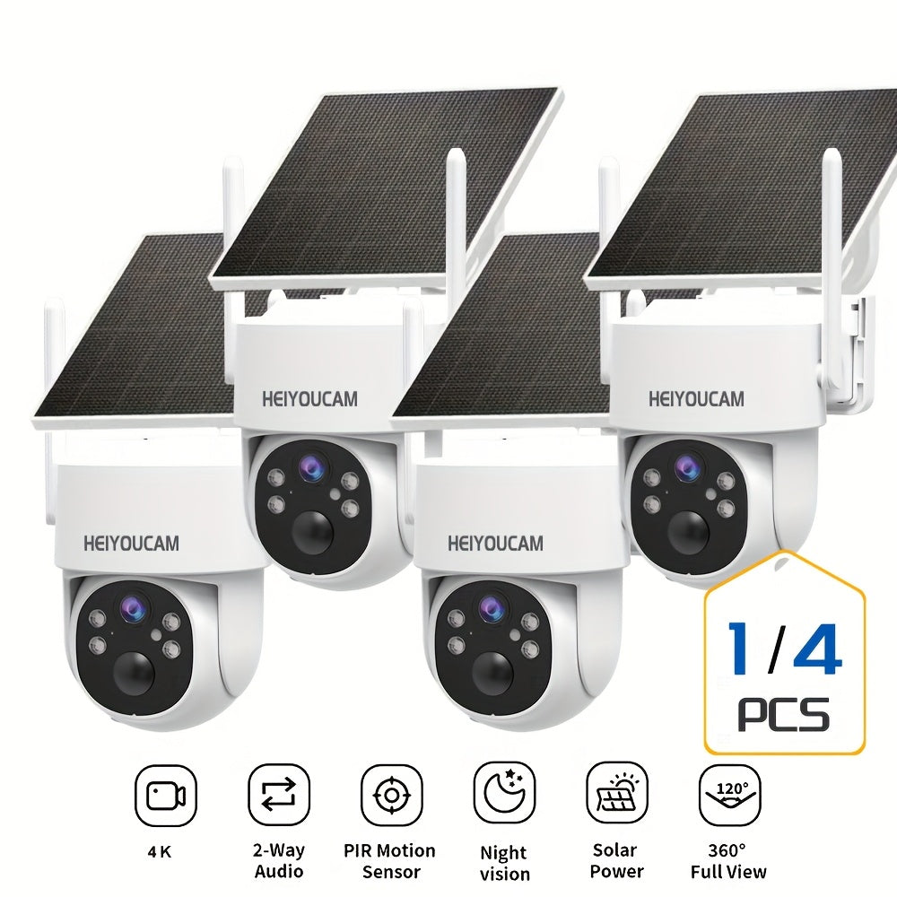 4K Solar Security Cameras Wireless Outdoor, 360° View Pan/Tilt WiFi Security Camera Outside with Color Night Vision, PTZ Surveillance Camera with PIR, Easy to Install, PIR Alarm, 2-Way Audio, SD/Cloud,