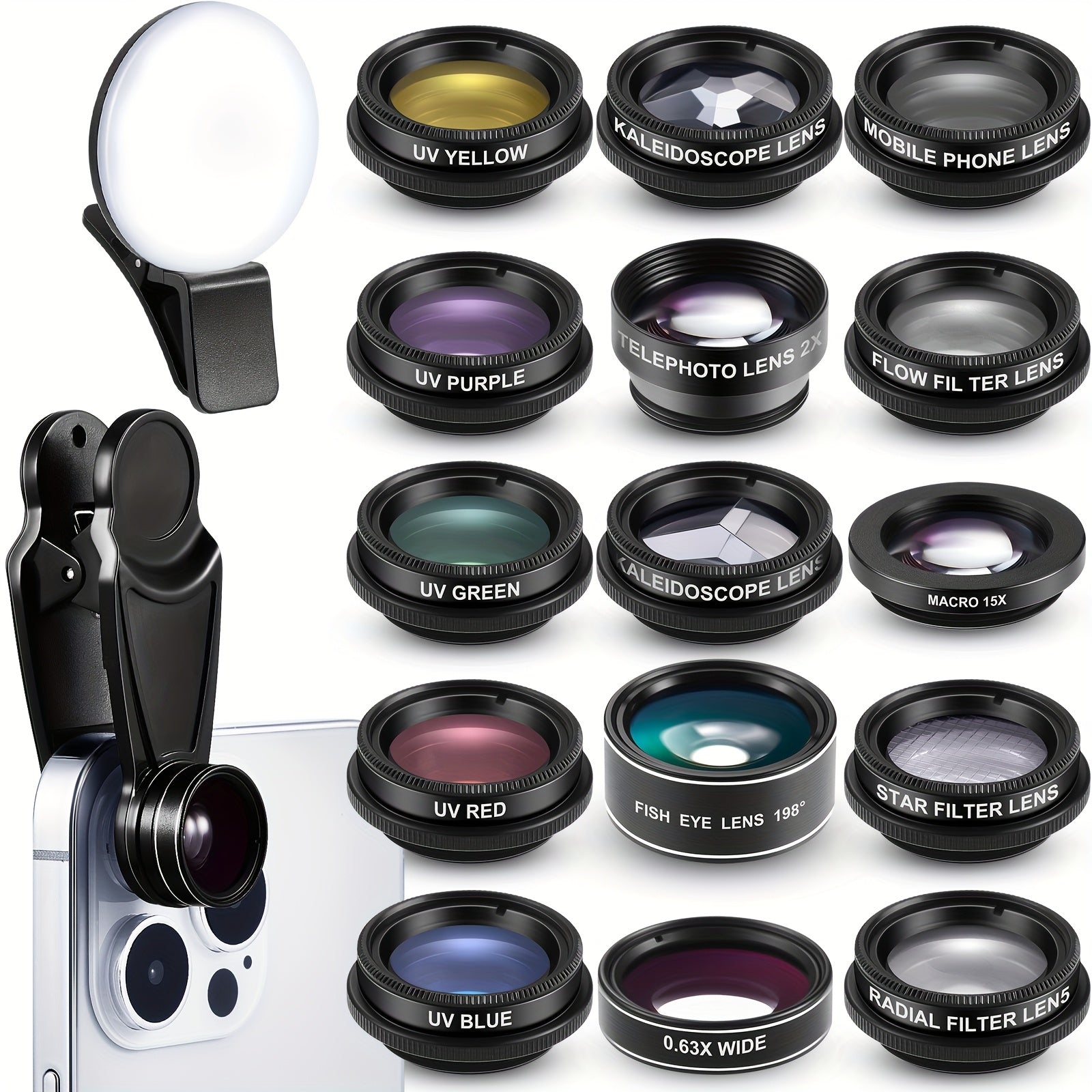 16pcs Camera Lens Set for Phones, Featuring 16 Different Lenses Including a Selfie Light, Universal Clip-On Design, And 198-Degree Fisheye, Wide-Angle, Macro, Kaleidoscope, And CPL Lens Attachments, Compatible with Most Mobile Devices