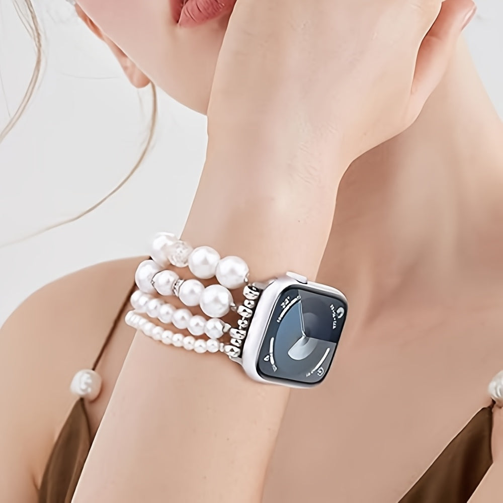 V-MORO Compatible for Apple Watch Pearl Bracelet Compatible with Series 11/10/9/8/7/6/5/4/3/2/1 & SE Smartwatch, Bling Strap Jewelry, Cute Elegant Pearls for / (Compatible with iWatch Series)