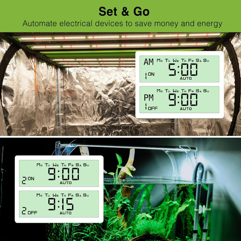 1Pc 7 Day Heavy Duty Digital Programmable Timer - Two Outlet 24 Hour Digital Timer, Timing Solution for Hydroponics, 120V, 60Hz, Indoor, for Lamp Light Fan