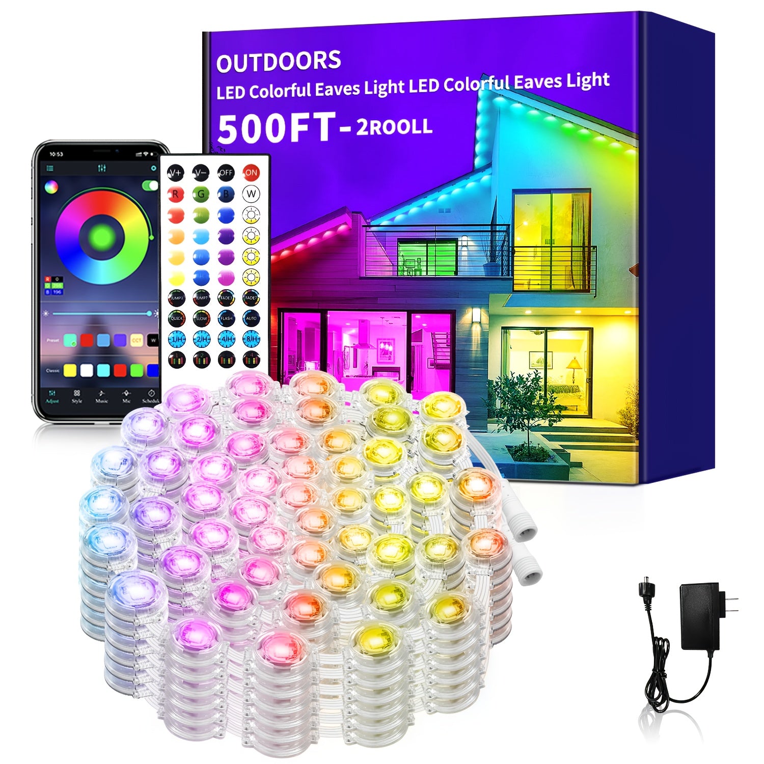 [RGB Eaves Lights] 500Ft Permanent Outdoor Light, RGB Eaves Lights, Scene Modes Outdoor Under Eave Lighting, Led Lights for Decor, Garden Decor, House, Party