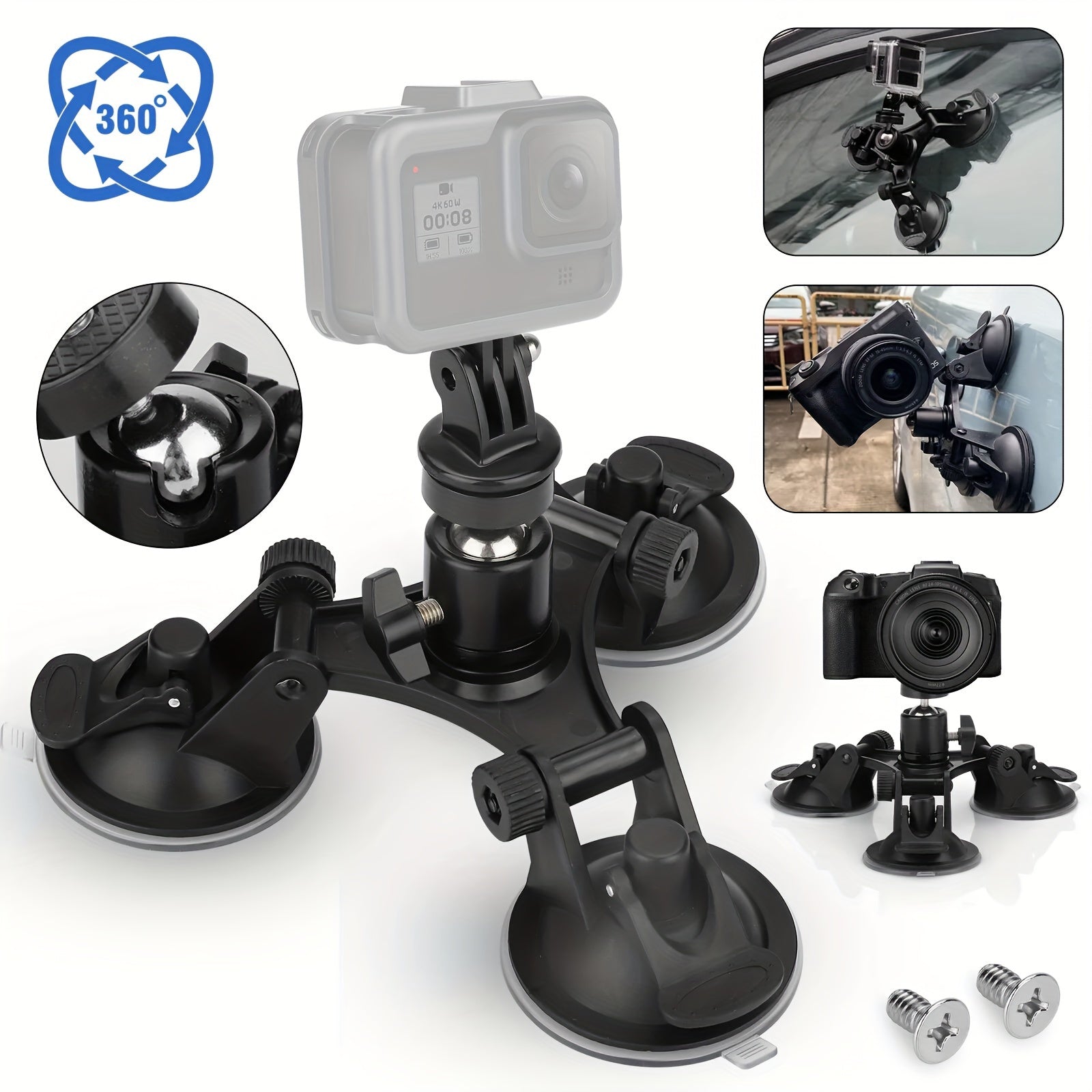 Action Camera Suction Cup Mount, Universal Car Camera Holder, 3 Suction Bases, Durable And Secure, for Gopro Hero 10 9 8 7
