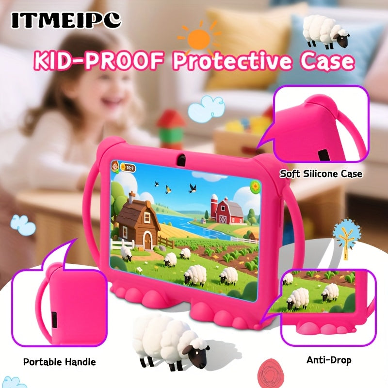 ITMEIPC, 2025 New Models, 7 Inch Android Kids Tablet, Android14, 4GB(2GB+2GB) RAM 32GB ROM Dual Camera, Wi-Fi, Large Screen Learning Entertainment Tablet Parental Control Pre-installed Apps, HD Screen Protective Case High-Performance Student Tablet
