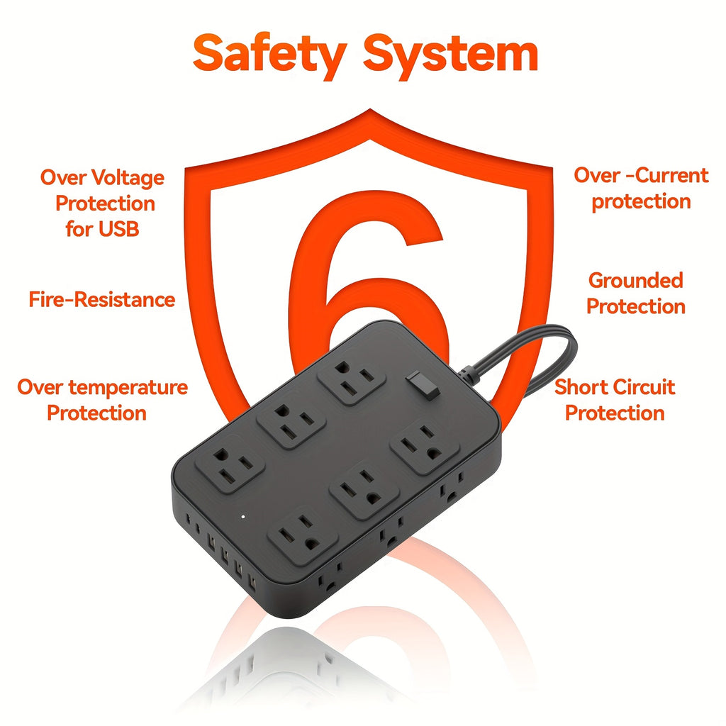 Multifunctional Surge Protector Power Strip, 12 Widely Distributed AC Outlets, 6 USB Charging Ports (4 USB A & 2 USB C)for Efficient Charging, Safe and Portable, Desktop Charging Station, Ideal for Home, Dorm, Office, and Travel Essentials