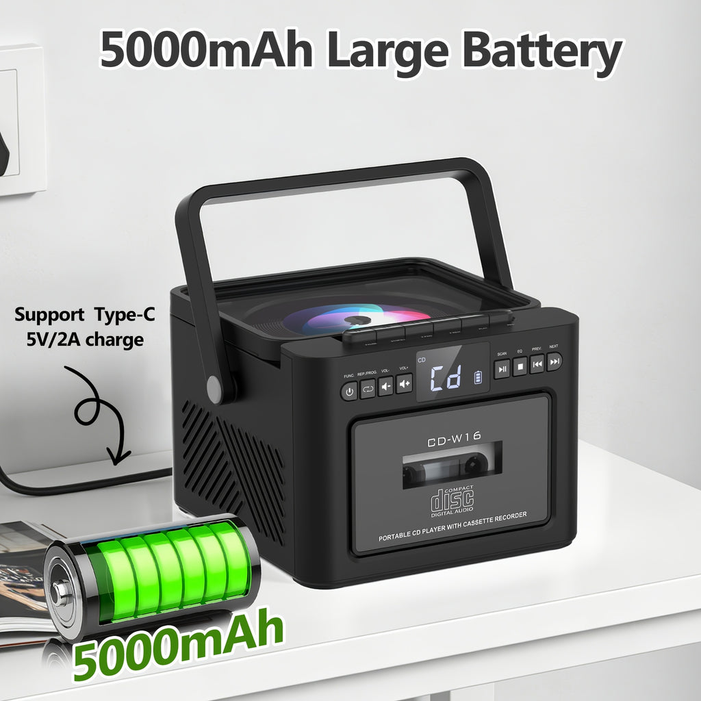 Hifi System Portable Boombox, CD Player Tape Cassette Speakers Radio MP3 Player, Stereo with 5000mAh Rechargeable Battery, USB AUX TF Card Playback, for A Gift