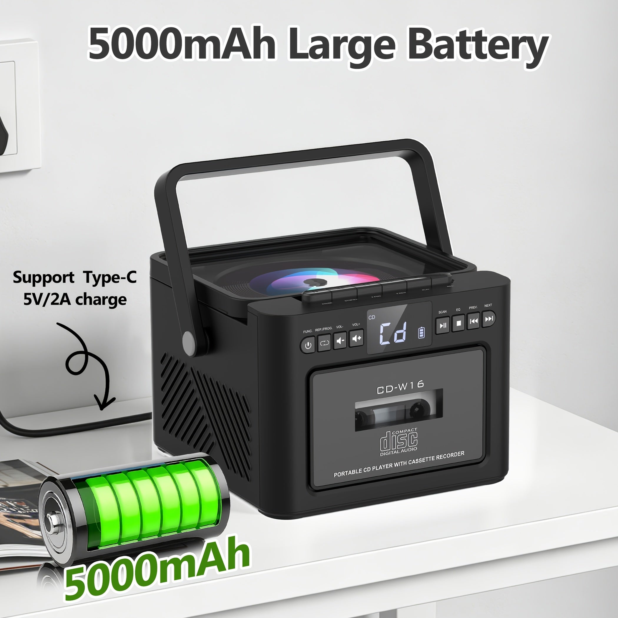 Hifi System Portable Boombox, CD Player Tape Cassette Speakers Radio MP3 Player, Stereo with 5000mAh Rechargeable Battery, USB AUX TF Card Playback, for A Gift