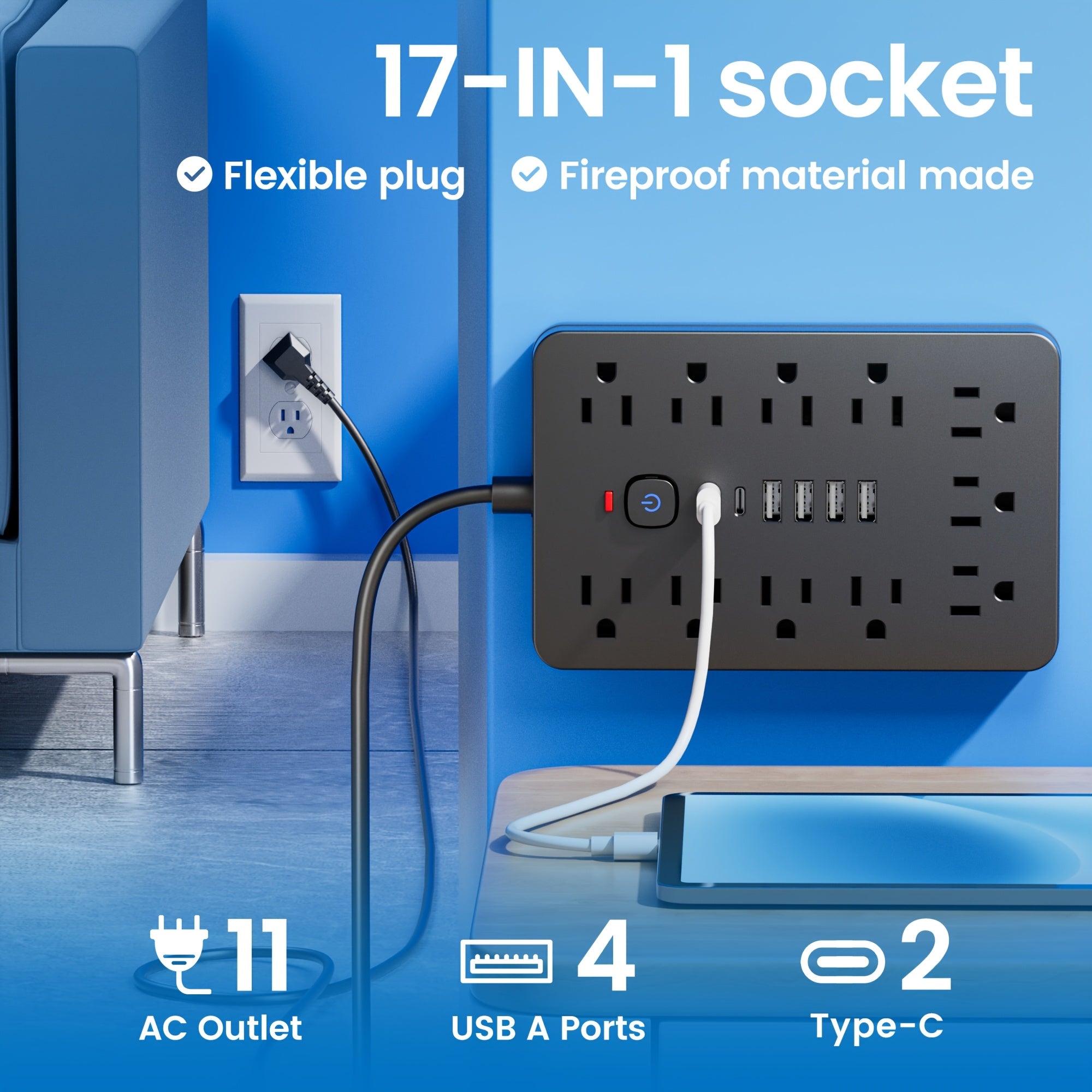 17-in-1 Flat Plug Power Strip Surge Protector with 11 Spacious AC Outlets and 6 USB Ports (including 2 Type-C) with Overload Protection