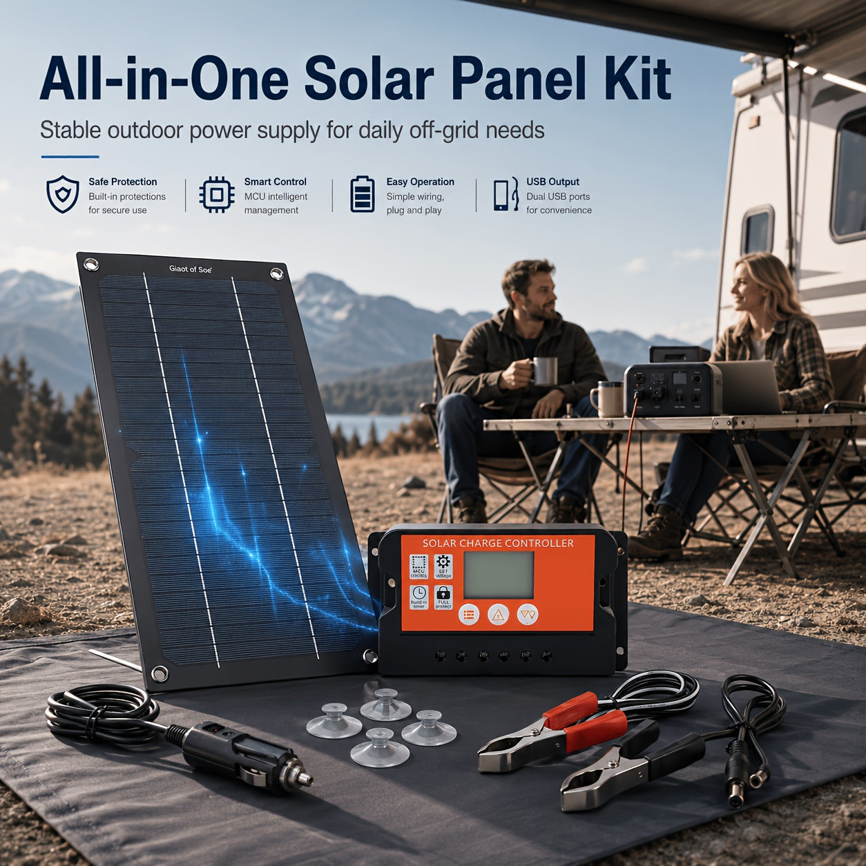 Portable Solar Charging Kit With 100A Controller Foldable Design USB Direct Charging For Outdoor Camping Travel Car RV Boat Emergency Power Supply | Solar Panel Kit | Emergency Charger