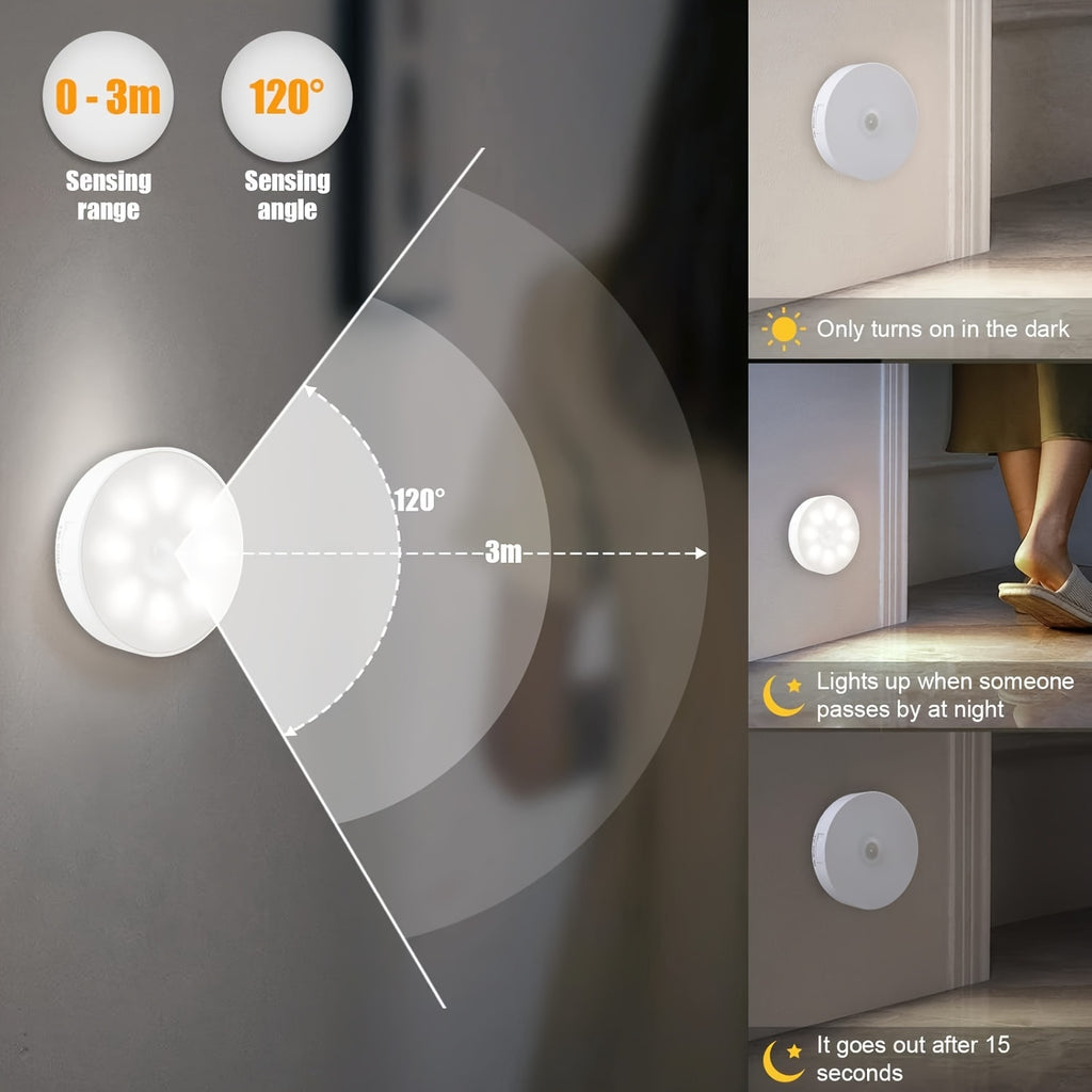 [USB Rechargeable] 12/6pcs Bright White LED Motion Sensor Night Lights, USB Rechargeable Wireless Wall Lamp, Dual Mode (Motion & Steady Light), Adjustable Brightness, Magnetic Adhesive Under Cabinet Lighting For Kitchen, Hallway, Stairs