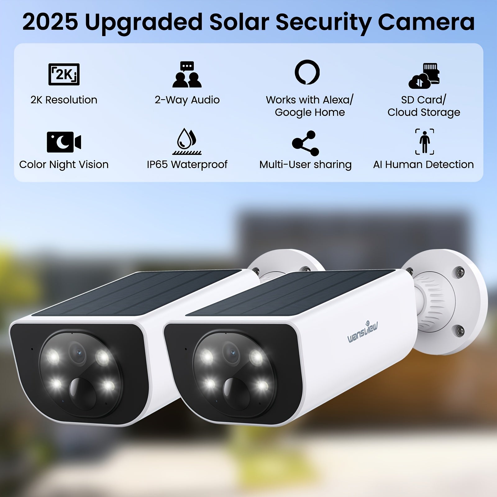 Wansview Solar Security Camera Outdoor, Wireless Security Camera, 2K HD Resolution, Color Night Vision, Two-Way-Audio, Motion Detection, SD Card/Cloud Storage, Compatible with Alexa/Google Home, 1/2/3/4 Solar Cam & 1pc Battery Camera