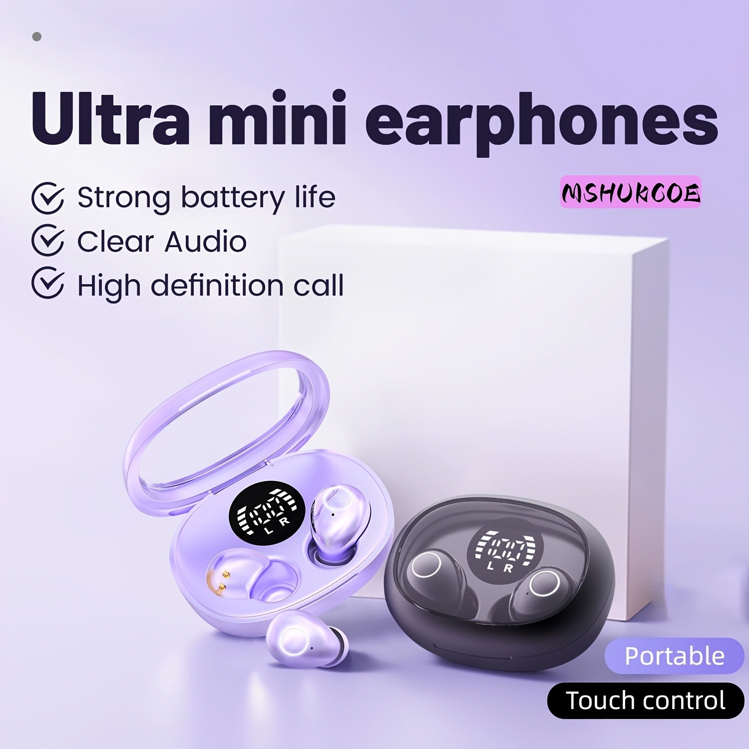 MSHUKCOE Ultra Compact Mini Wireless In Ear Wireless Earphones 5.4- True Wireless, Noise Cancelling, High Fidelity Sound Quality, All Day Invisible Design, Touch Control, USB-C Charging, Choice For Running And Sleeping, Compatible With All Phones