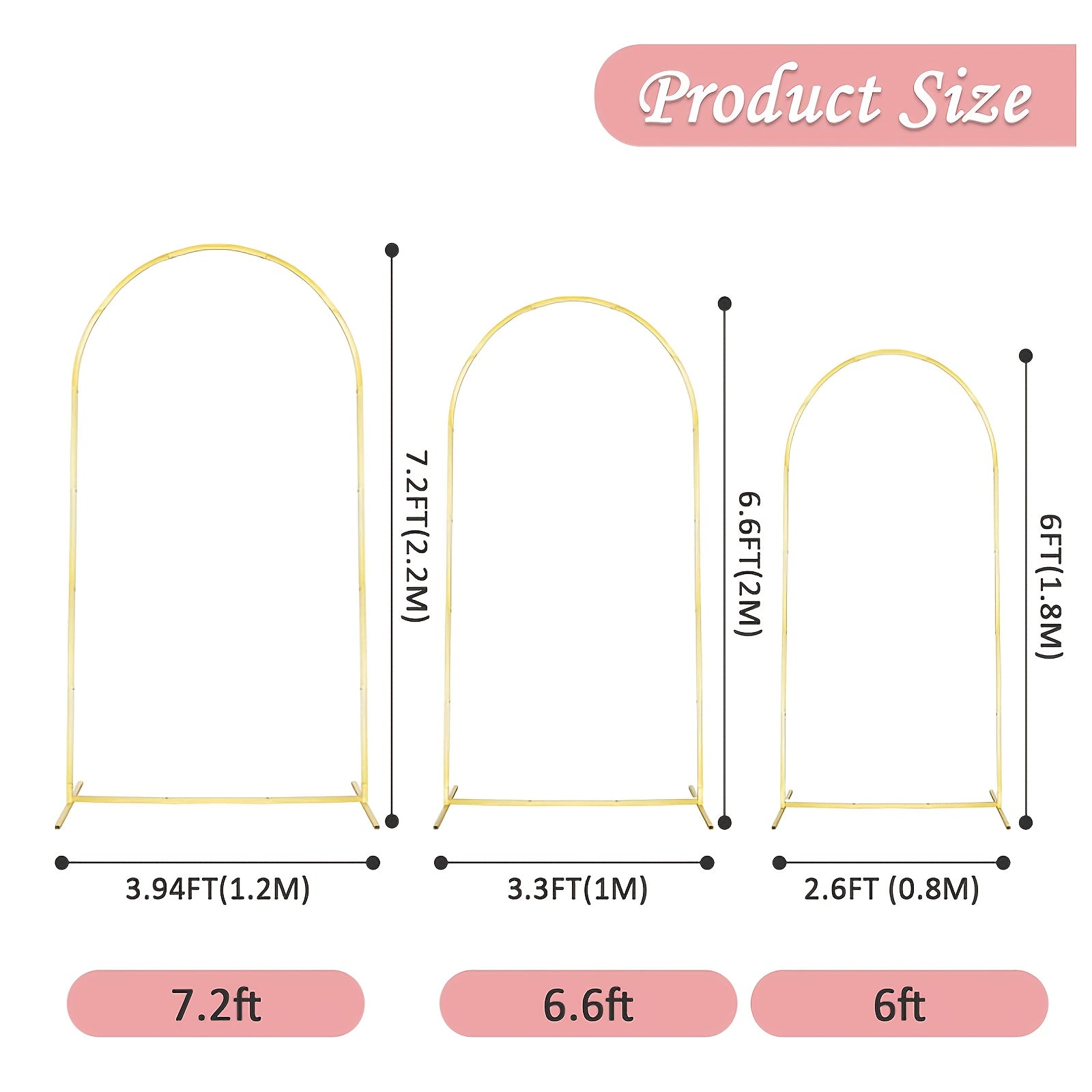 Set Of 2 Golden Metal Wedding Arch Backdrop Stand (7.2FT And 6FT), Balloon Arched Frame Backdrop Stand For Parties, Wedding Birthday Baby Shower Graduation Holiday Ceremony Supplies Decor