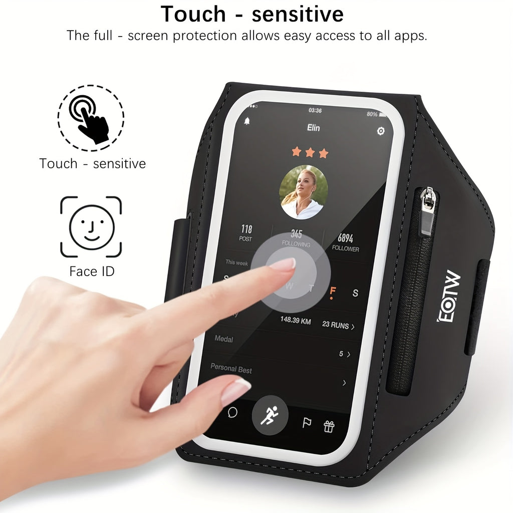 Running Armband, Running Smartphone Case, Smartphone Armband, Compatible with Face Authentication, Touch Control, Adjustable, Waterproof, Sweatproof, Lightweight, Storage for Small Items