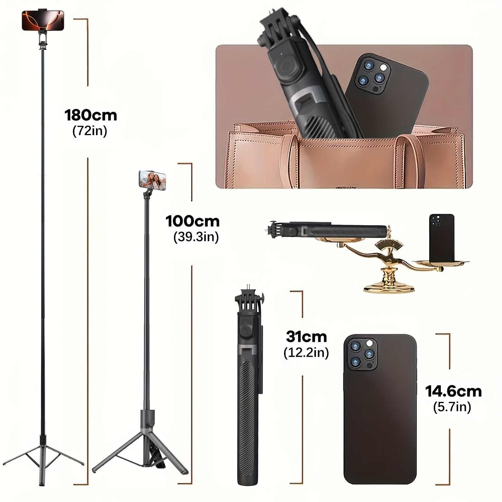 72" Retractable Tripod Selfie Stick For IPhone, Cell Phone Tripod Aluminum Stand With Wireless Remote Control And Detachable Phone Holder, Portable Cell Phone Tripod For IPhone Android Phone And Camera