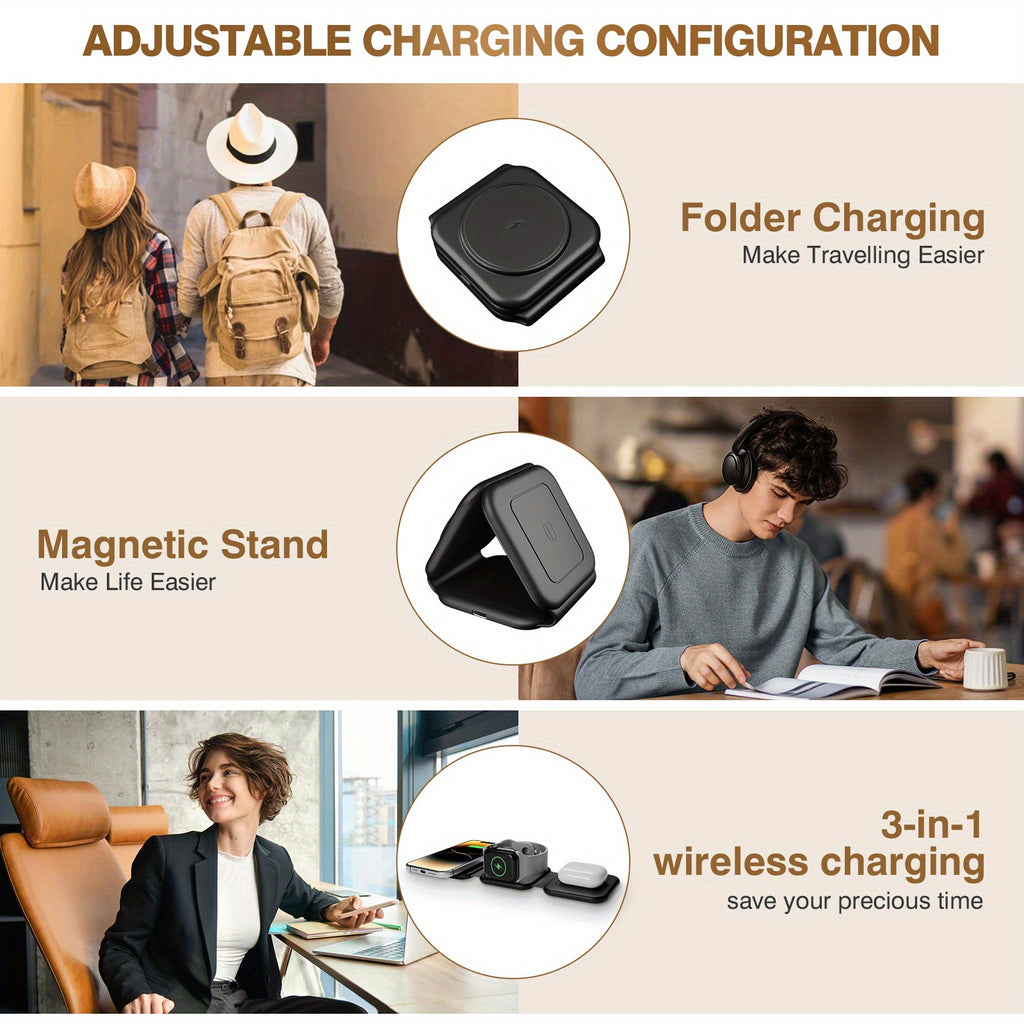 3-In-1 Magnetic Wireless Charger, Foldable Wireless Charging Station, Fast Charging Stand, Travel Charger Stand for Iphone 17/17 Air/16/15/14/13/12/Pro/Pro Max/Plus, for Iwatch 2-11 SE Ultra Series, for Airpods 2 3 Pro