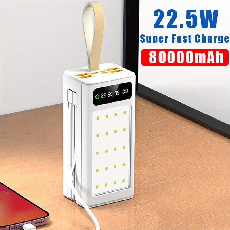 80000Mah Large Capacity PD22.5W Fast Charging Mobile Power Bank, Intelligent Digital Display And Multiple Output Ports, Comes with Four Data Cables/ Flashlight/ Lanyard, Portable Emergency Power Supply Device for Outdoor Travel/ Camping, Gift