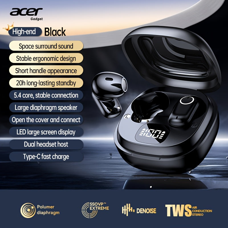 ACER TWS Wireless Earbuds with Deep Noise Reduction - 50H Long Standby, Low Latency, HIFI Stereo Sound, Touch Control, Rechargeable Lithium Battery, Ideal for Running & Sports, Sports Headphones|Ergonomic Design|Durable Plastic