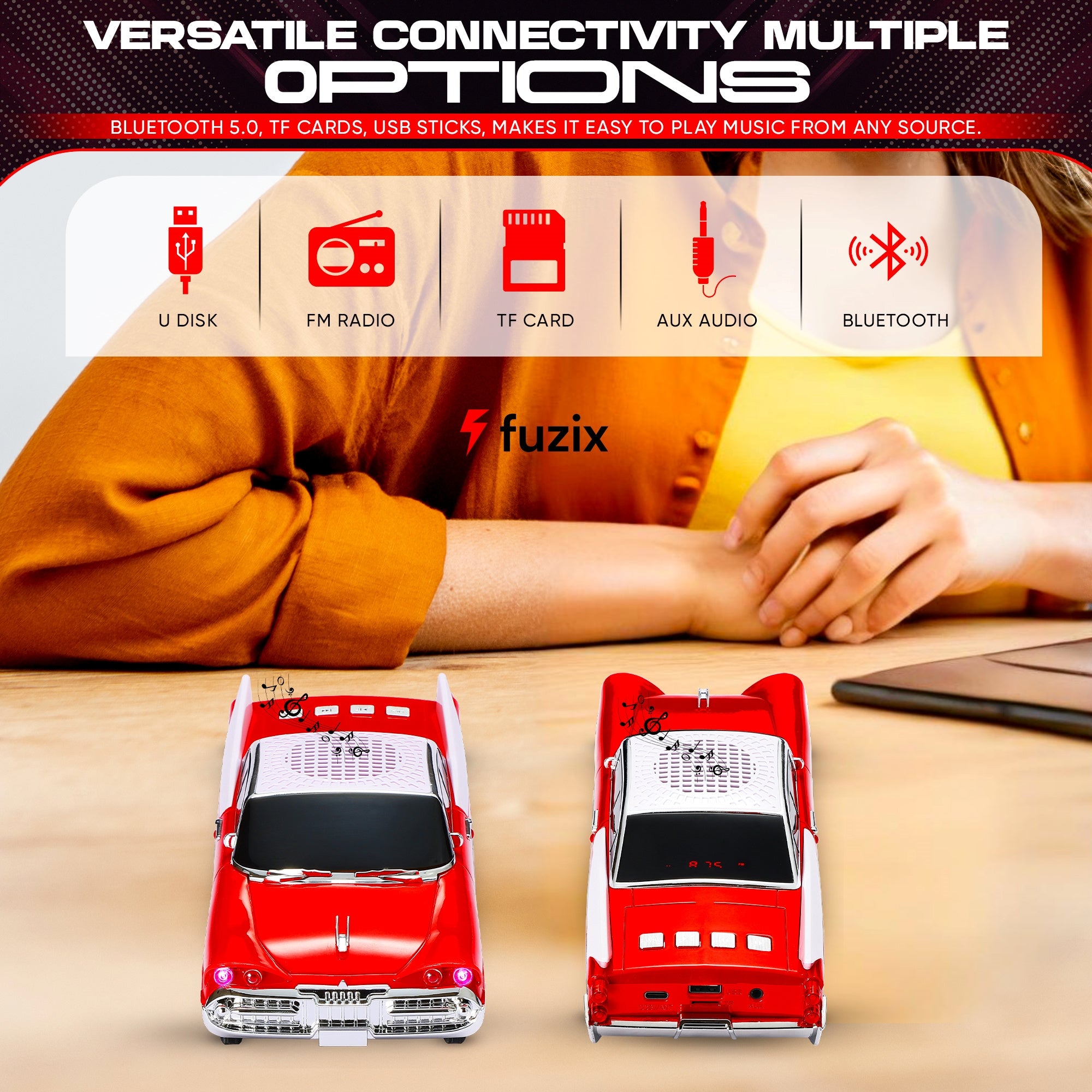 Fuzix WS-1965 Car Bluetooth Portable Speaker, Retro Car-Style Wireless Stereo Speaker with LED Headlights and Taillights, AUX/USB/TF/FM Radio Playback, Rechargeable Battery, High-Power Clear Sound, Multiple Playback Modes, Perfect Festival Gift, Ideal for