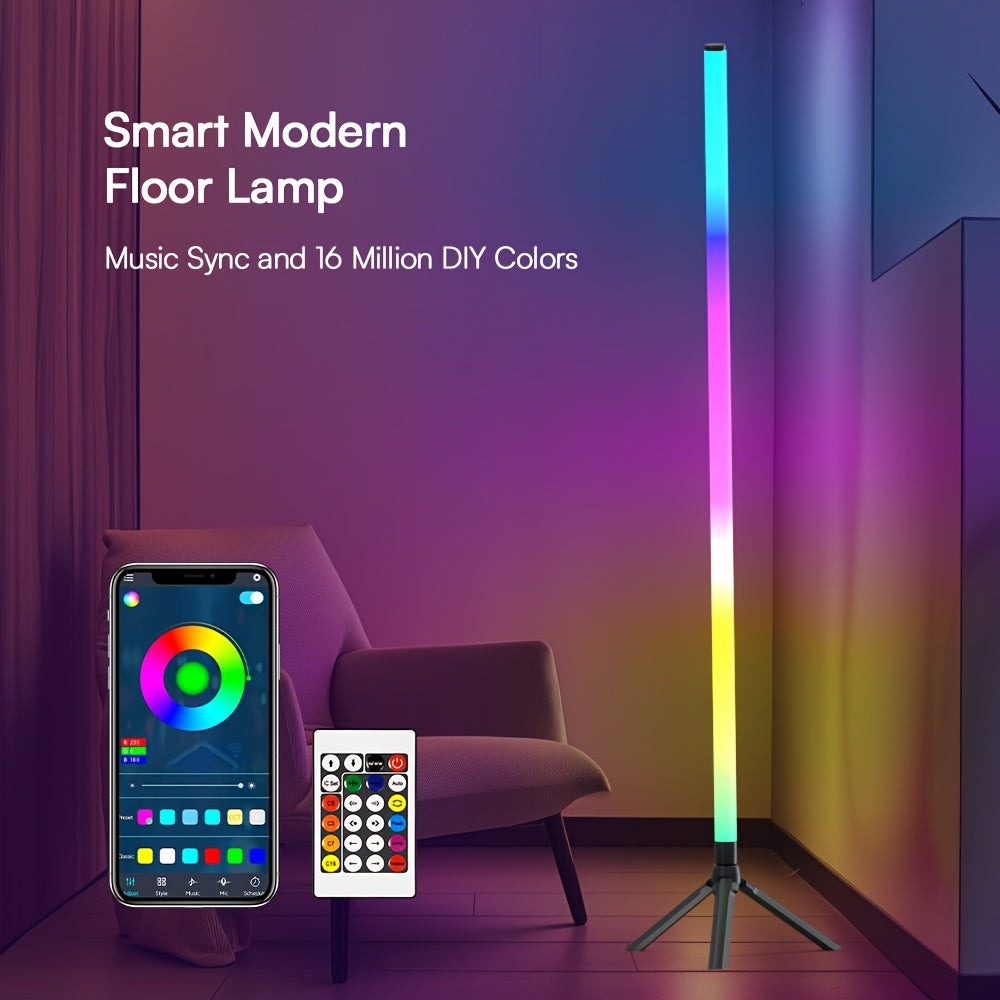 [RGB Smart Light] LED Corner Floor Lamp - 16 Million DIY Color Changing, RGB Smart Modern Light Adjustable 56 Inches (Approx. 142cm) with Remote and APP Remote Control, USB Powered, Four Modes Sync with Music, for Game Room, Bedroom, and Holiday Decoratio