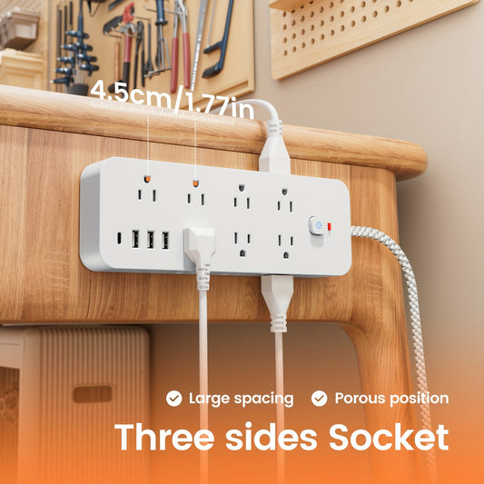 18-In-1 Power Strip, Featuring 14 AC Outlets, 3 USB Ports, And 1 Type-C Port. Equipped with Overload Protection And an Independent Switch Control Button. Suitable for Living Rooms, Bedrooms, Bedside Tables, Balconies, And Other Scenarios