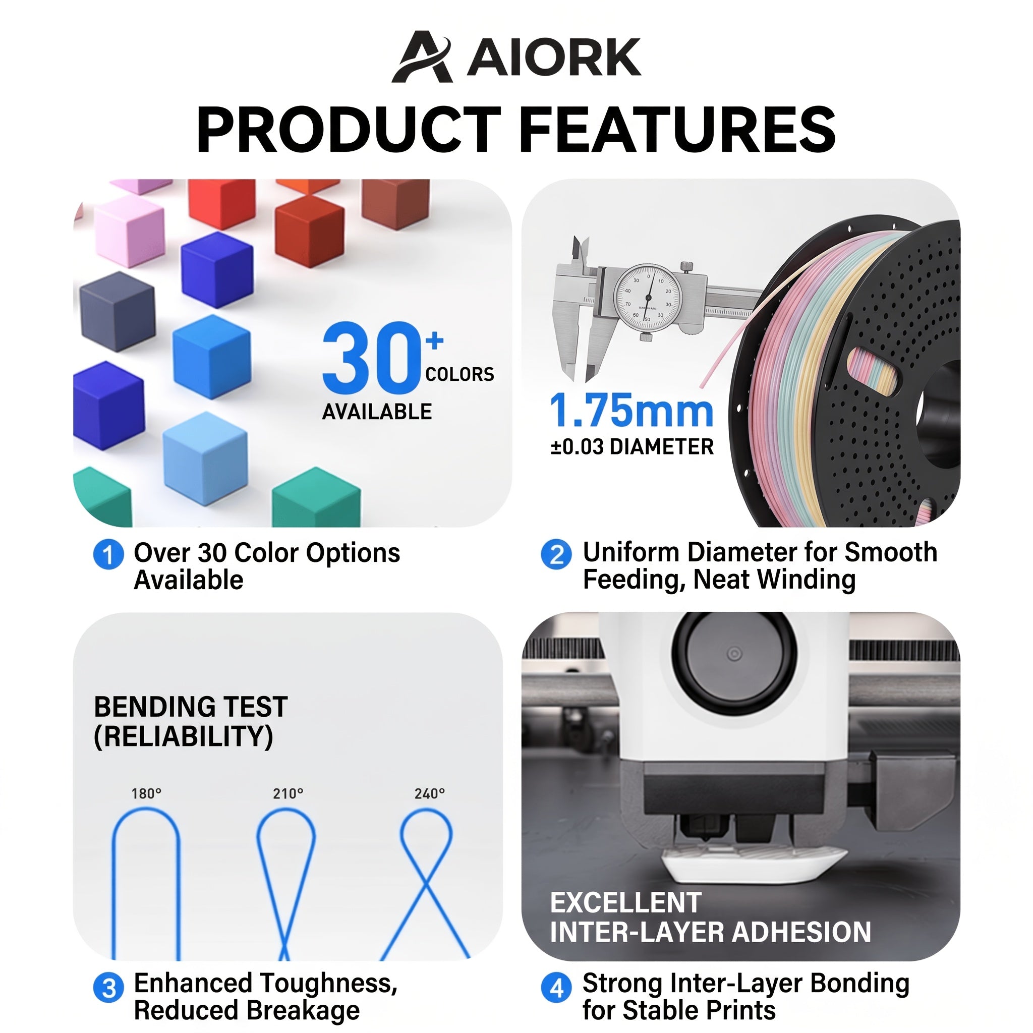 [1kg PLA 3D Filament] High Gloss, Low Warping PLA 3D Printer Filament - 1kg (2.2LB) 1.75mm, Black/White + Multicolor (Dual/Tri/Rainbow), Works with Creality Ender 3/5/Neo