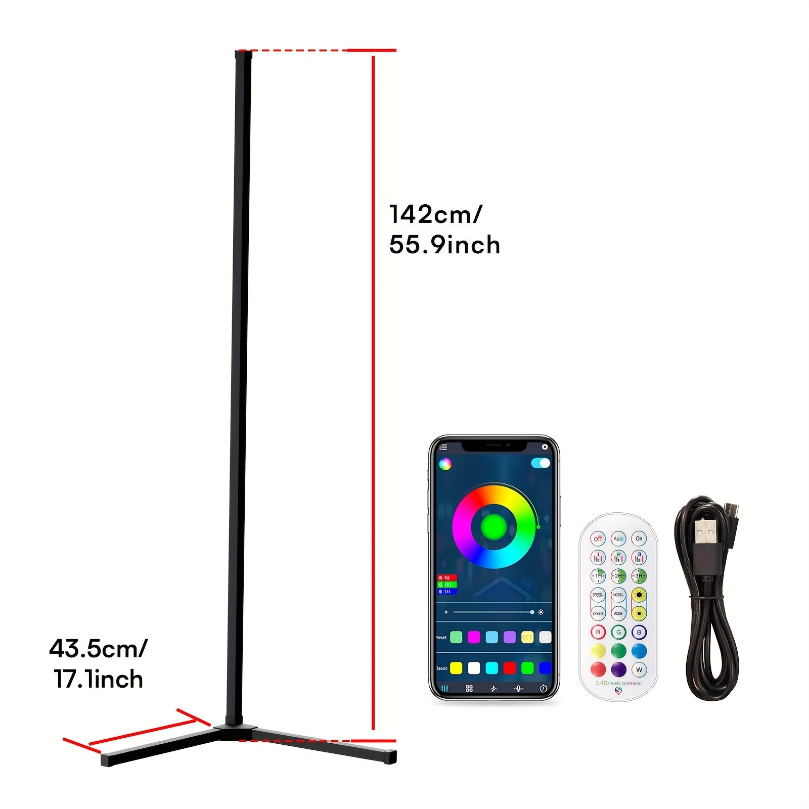 [Christmas Halloween] LED 1/ 2 Pack Corner Floor Light - 16 Million Color-Changing, RGB Smart Modern Light Adjustable 55.9 Inches Approx 142 Cm, with Remote And APP Control, USB Power, Four Modes, Set to Music, Game Room, Christmas And Halloween Decoratio