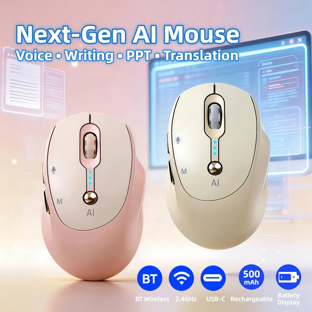 AI Smart Wireless Mouse - Includes AI Office Features at No Extra Cost, Voice-To-Text & Real-Time Translation, AI Writing & PPT Creation, Silent BT+2.4G Dual Mode, Rechargeable with Battery Display, Portable for PC, Laptop & Tablet