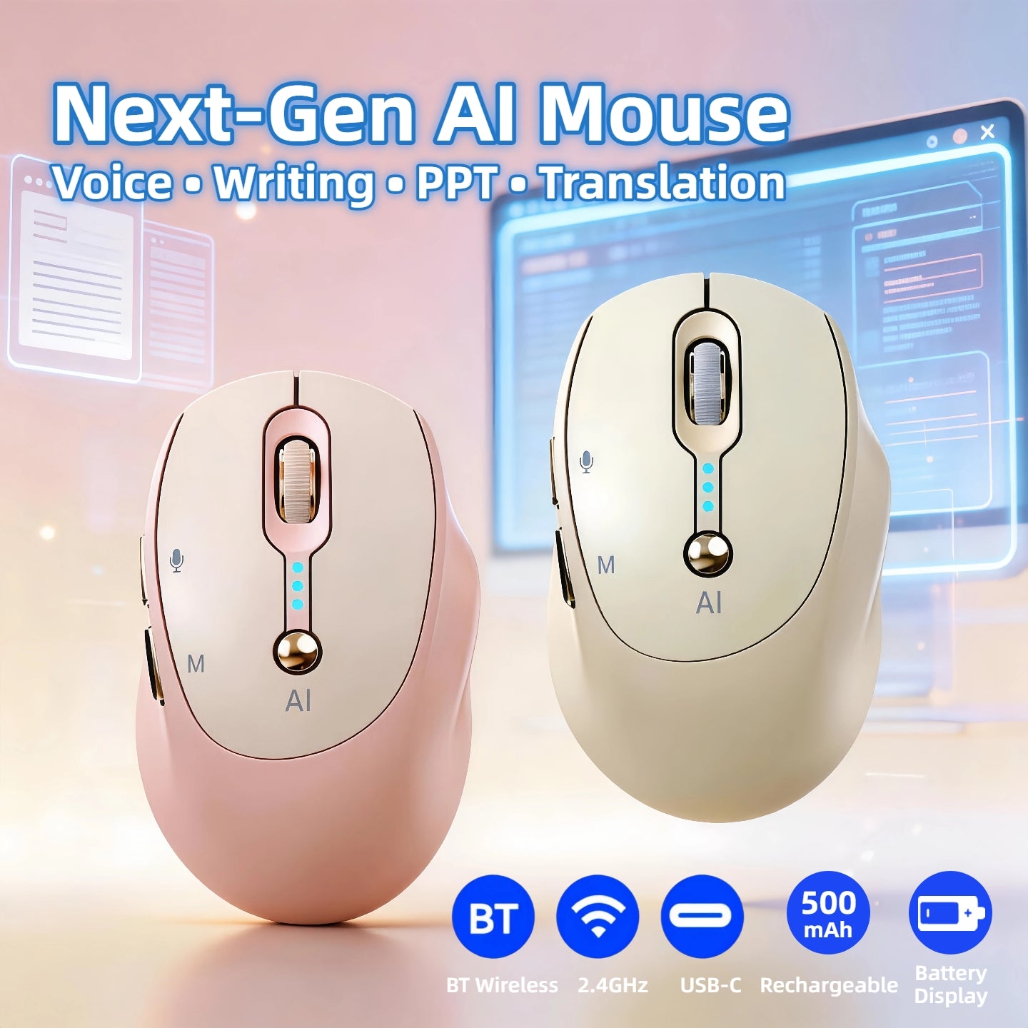 AI Smart Wireless Mouse - Includes AI Office Features at No Extra Cost, Voice-To-Text & Real-Time Translation, AI Writing & PPT Creation, Silent BT+2.4G Dual Mode, Rechargeable with Battery Display, Portable for PC, Laptop & Tablet
