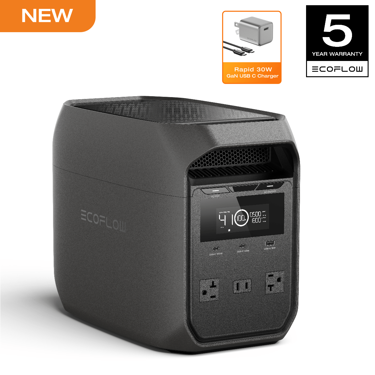 EcoFlow 30W Rapid GaN-C Charger with DELTA 3 Classical Dark 1000 Portable Power Station, 1024Wh LiFePO4 Battery, 60mins Fast Charging, Solar Power Bank for Home Backup Power, Camping & RV panel solar para casa 110v y 220v convertidor de 12v a 110v estació