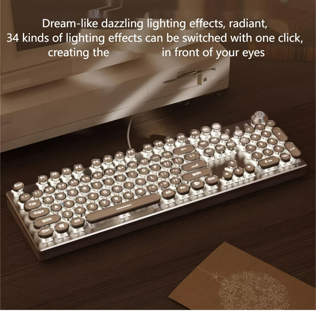 Premium Cyberpunk Mechanical Keyboard USB Cable, Retro Typewriter-style Mechanical Keyboard with 104 Keys Multi-function Knob with Responsive Operation Exceptional Tactile Feedback Compatible with Wired USB Desktops And Laptops