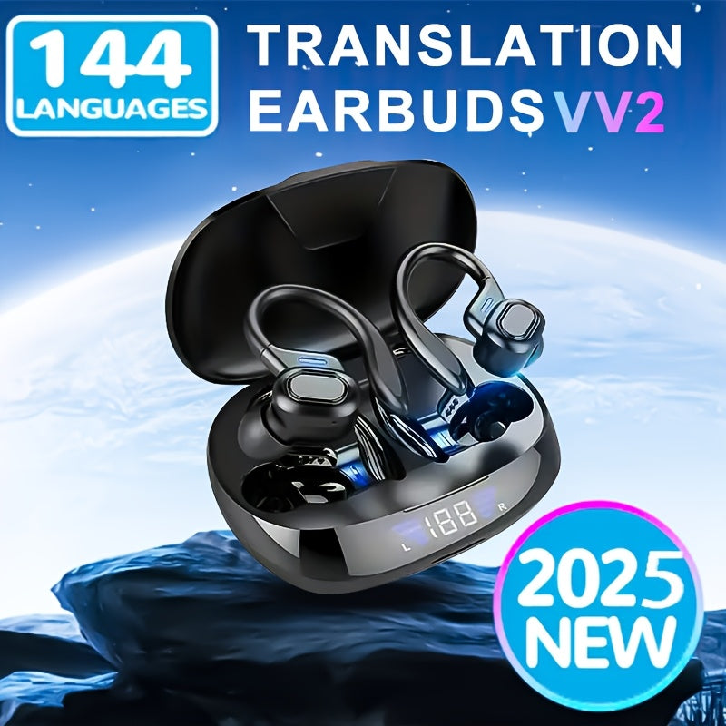 Wireless Open-Ear Earbuds, Bluetooth 5.4 Sports Headphones with Built-in Microphone & Ear Hooks, 8H Playback Time, LED Digital Display Charging Case, for Running & Workout, Black/ Red
