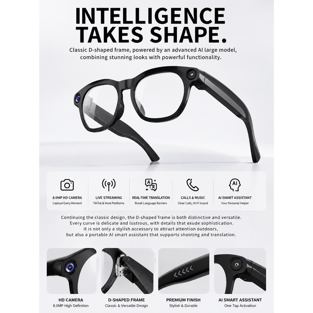 2026 AI Smart Glasses Camera 8MP HD Video Recording Glasses with Audio, Real-Time Translation, Bluetooth Call & Music, AI Object Recognition, Touch Control, Wearable Camera Glasses for Men Women Travel Outdoor