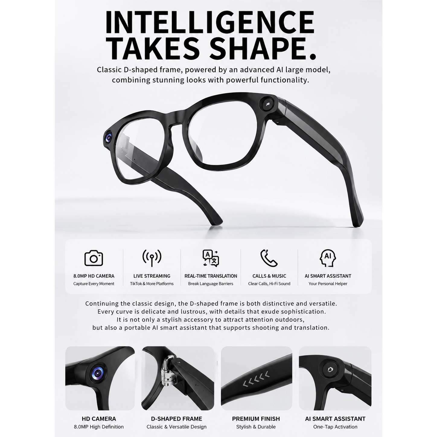 2026 AI Smart Glasses Camera 8MP HD Video Recording Glasses with Audio, Real-Time Translation, Bluetooth Call & Music, AI Object Recognition, Touch Control, Wearable Camera Glasses for Men Women Travel Outdoor
