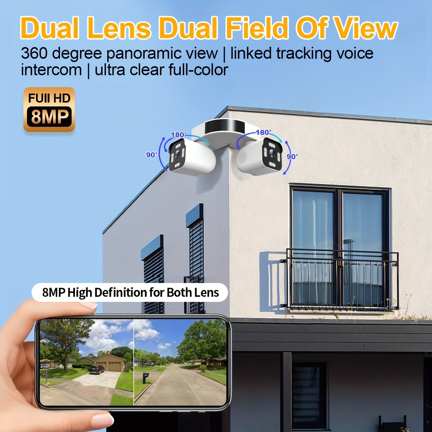 PHANSATIM 8MP Smart Wireless Wifi Security Camera Indoor & Outdoor, Dual Lens PTZ Surveillance Cameras Inside And Outside, Waterproof 360° Panoramic View External Corner Mount With Double Bullet Cam, Full Color Night Vision