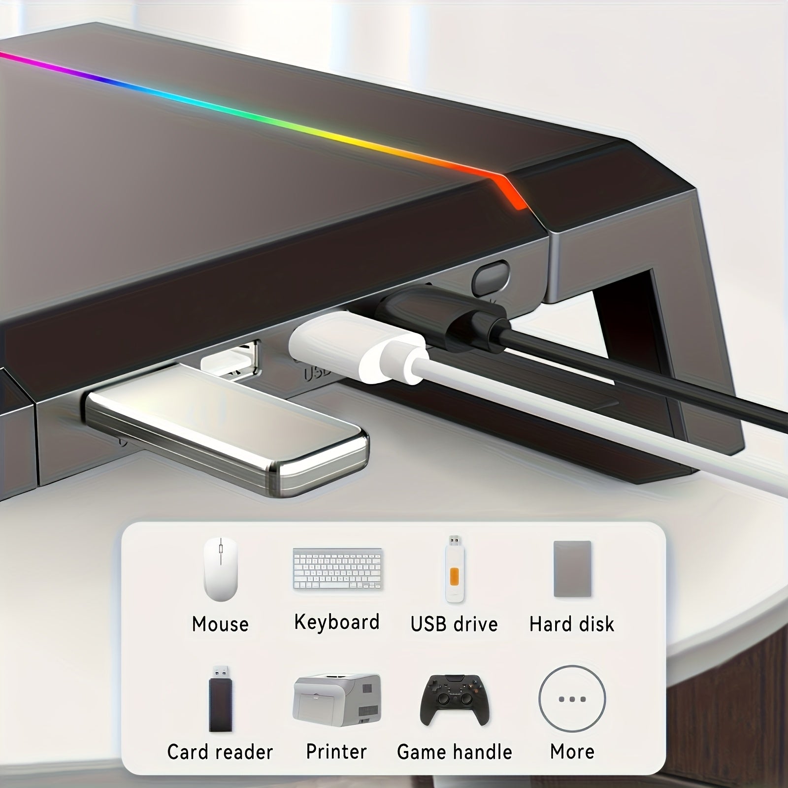 [Foldable, Adjustable] ICE COOREL Monitor Stand Suitable for Desktop And Laptop Computers, Foldable And Height Adjustable, Storage Drawer for Tablet And Smartphone Stands, RGB Lighting, Four USB Ports for File Transfer And Charging