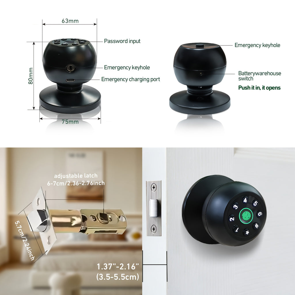 Fingerprint Door Lock, Smart Fingerprint Door Knob with Keypad, Biometric Door Lock with App Control, Auto Lock Door Lock with Code, Keyless Door Knob with Lock for Bedroom, Home, Office-Matte Black